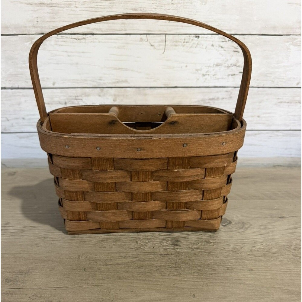 Basketville Putney Vermont Handwoven Splint + Bentwood Handle Utensil Holder VTG
